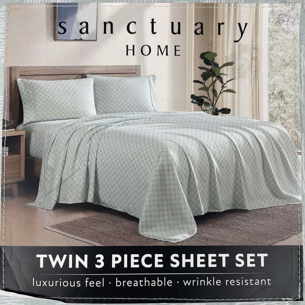 Sanctuary Home 3-Piece Twin Sheet Set Printed Green White Pattern New Luxurious